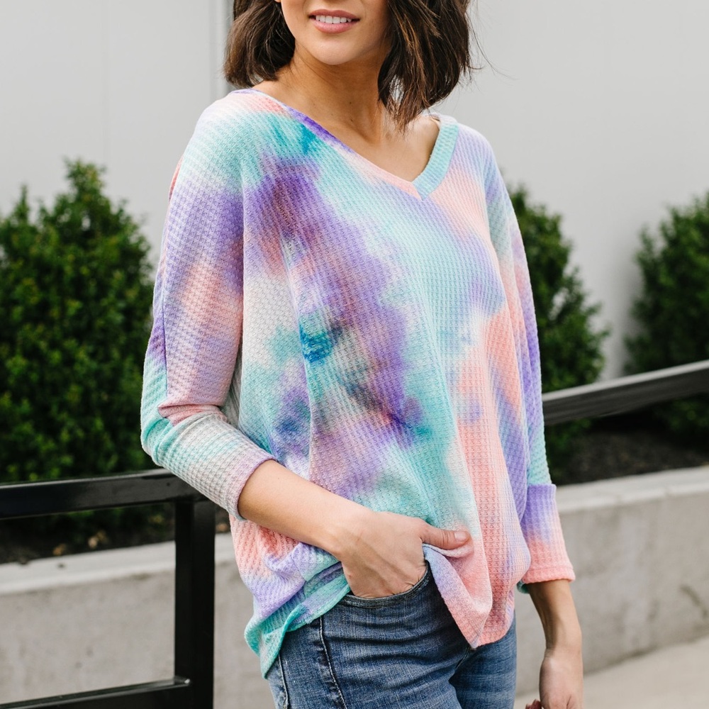 Tie Dyed Dolman Sleeve Waffle Top - Picture 1 of 5